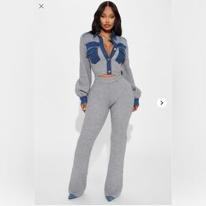 Fashion Nova Gray and Blue Knit Flare Pants Set